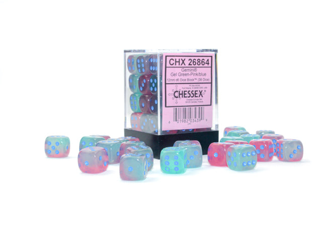 Chessex - 36er Box Würfel - Gemini Gel Green-Pink/blue Luminary 12mm D6 Dice Block (36 dice)