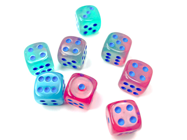 Chessex - 36er Box Würfel - Gemini Gel Green-Pink/blue Luminary 12mm D6 Dice Block (36 dice)