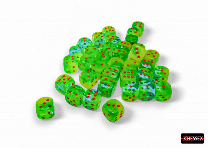 Chessex - 36er Box Würfel - Gemini Plasma Green-Teal/orange Luminary 12mm D6 Dice Block (36 dice)