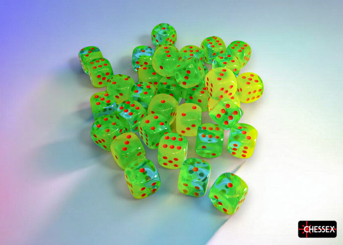 Chessex - 36er Box Würfel - Gemini Plasma Green-Teal/orange Luminary 12mm D6 Dice Block (36 dice)