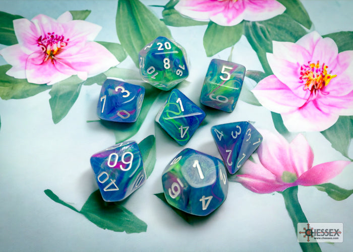 Chessex - 7er Set Würfel - Festive Waterlily/white Polyhedral 7-Dice Set
