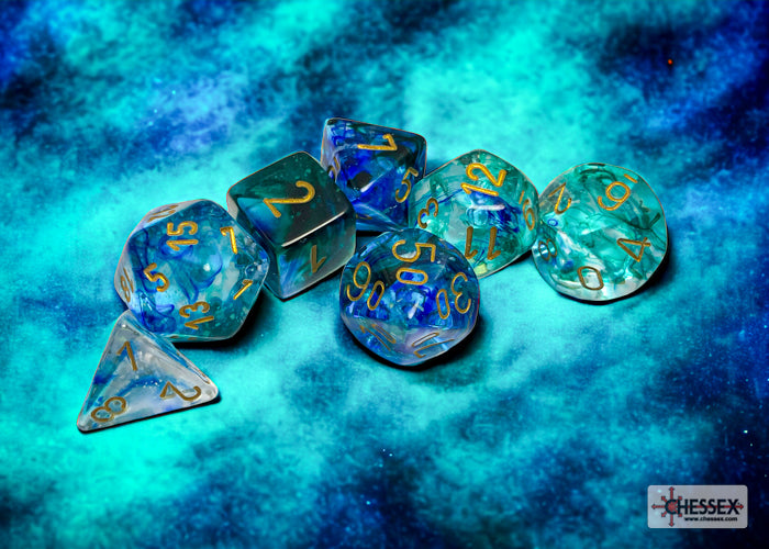 Chessex - 7er Set Würfel - Nebula Oceanic/gold Luminary Polyhedral 7-Dice Set
