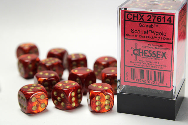 Chessex - 12er Box Würfel - Scarab Scarlet/gold 16mm D6 Dice Block (12 dice)