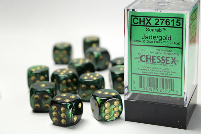 Chessex - 12er Box Würfel - Scarab Jade/gold 16mm D6 Dice Block (12 dice)