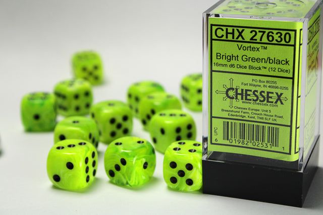 Chessex - 12er Box Würfel - Vortex Bright Green/black 16mm D6 Dice Block (12 dice)