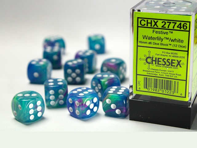 Chessex - 12er Box Würfel - Festive Waterlily/white 16mm D6 Dice Block (12 dice)