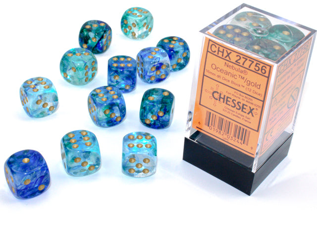 Chessex - 12er Box Würfel - Nebula Oceanic/gold Luminary 16mm D6 Dice Block (12 dice)
