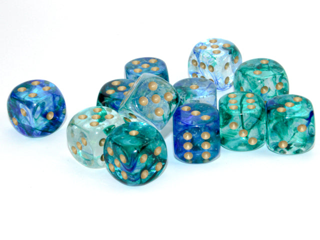 Chessex - 12er Box Würfel - Nebula Oceanic/gold Luminary 16mm D6 Dice Block (12 dice)
