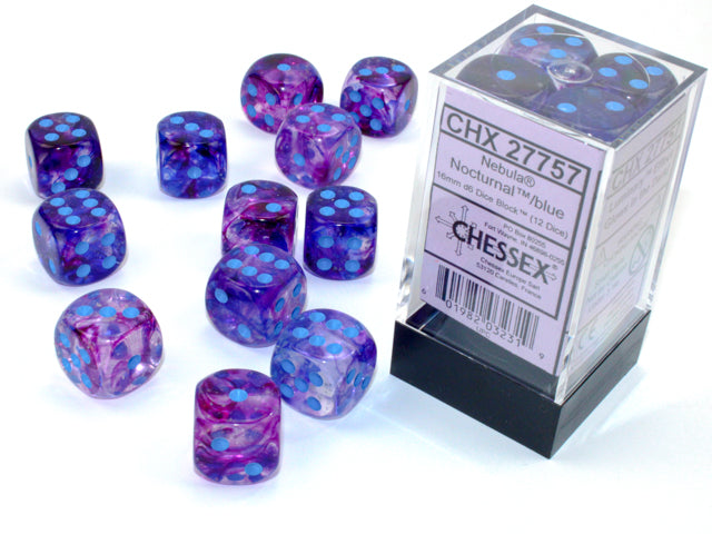 Chessex - 12er Box Würfel - Nebula Nocturnal/blue Luminary 16mm D6 Dice Block (12 dice)