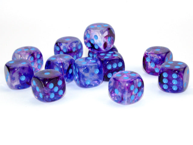 Chessex - 12er Box Würfel - Nebula Nocturnal/blue Luminary 16mm D6 Dice Block (12 dice)