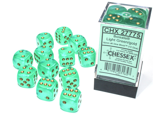 Chessex - 12er Box Würfel - Borealis Light Green/gold Luminary 16mm D6 Dice Block (12 dice)