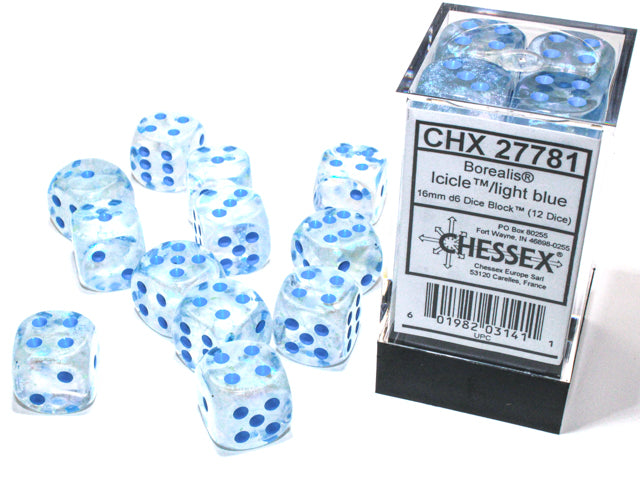 Chessex - 12er Box Würfel - Borealis Icicle/light blue Luminary 16mm D6 Dice Block (12 dice)