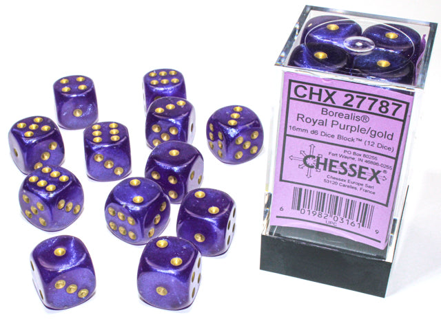 Chessex - 12er Box Würfel - Borealis Royal Purple/gold Luminary 16mm D6 Dice Block (12 dice)
