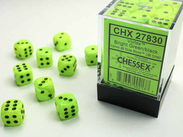 Chessex - 36er Box Würfel - Vortex Bright Green/black 12mm D6 Dice Block (36 dice)