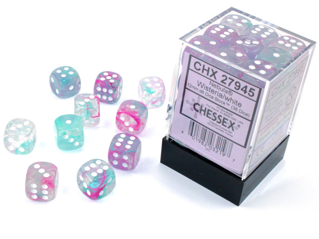 Chessex - 36er Box Würfel - Nebula Wisteria/white Luminary 12mm D6 Dice Block (36 dice)