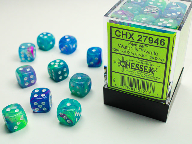 Chessex - 36er Box Würfel - Festive Waterlily/white 12mm D6 Dice Block (36 dice)