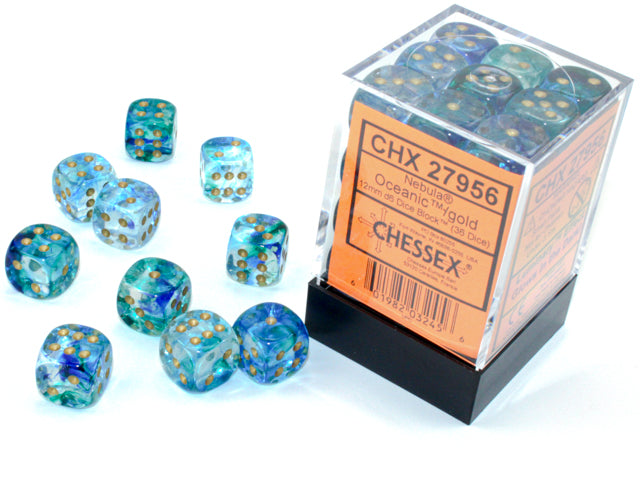 Chessex - 36er Box Würfel - Nebula Oceanic/gold Luminary 12mm D6 Dice Block (36 dice)