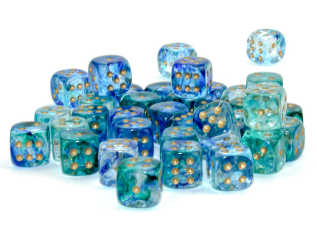 Chessex - 36er Box Würfel - Nebula Oceanic/gold Luminary 12mm D6 Dice Block (36 dice)