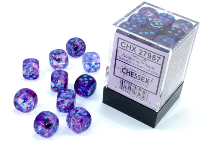Chessex - 36er Box Würfel - Nebula Nocturnal/blue Luminary 12mm D6 Dice Block (36 dice)