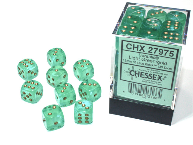 Chessex - 36er Box Würfel - Borealis Light Green/gold Luminary 12mm D6 Dice Block (36 dice)