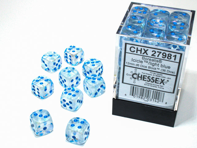 Chessex - 36er Box Würfel - Borealis Icicle/light blue Luminary 12mm D6 Dice Block (36 dice)