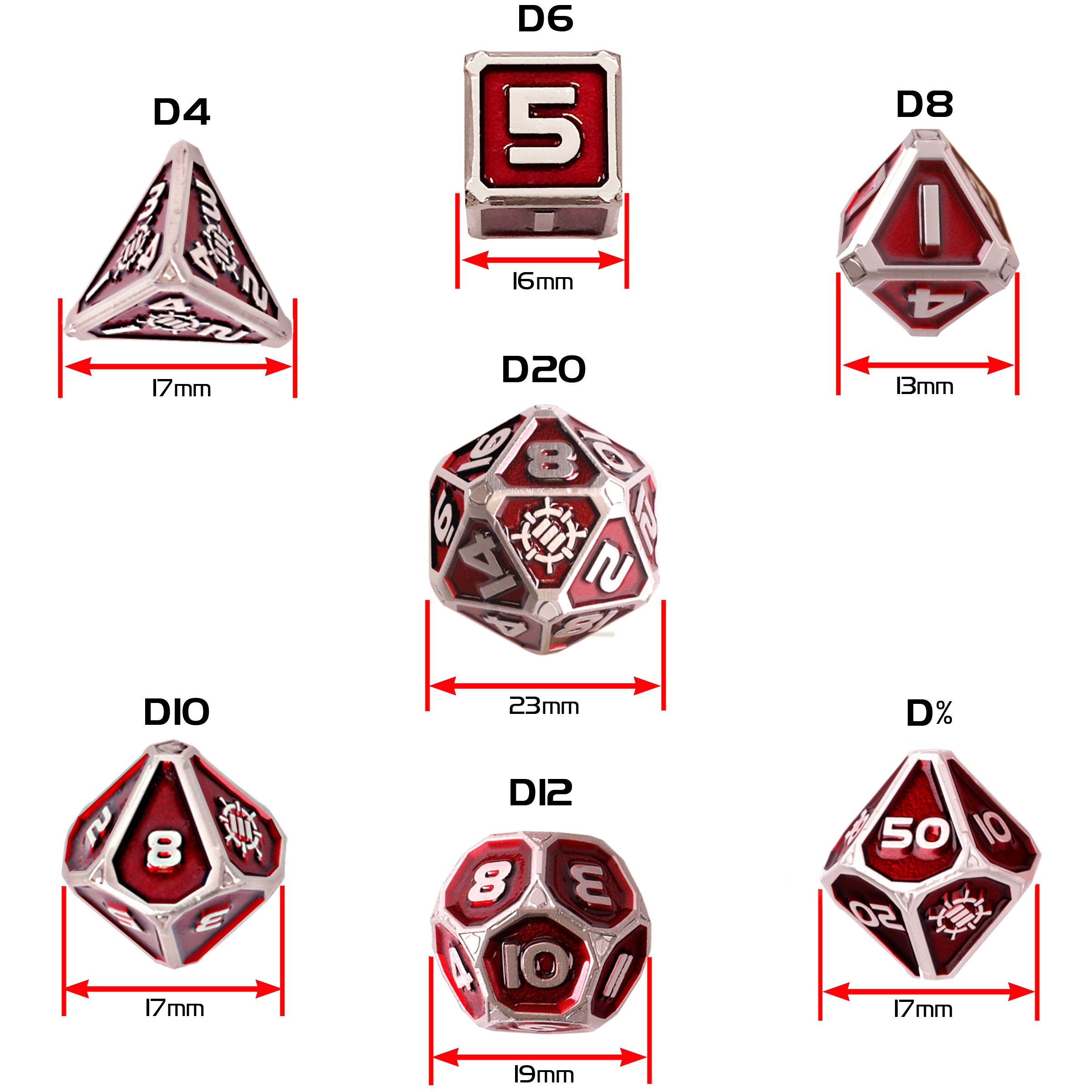 ENHANCE - 7pc Metal RPG Dice Set: Red
