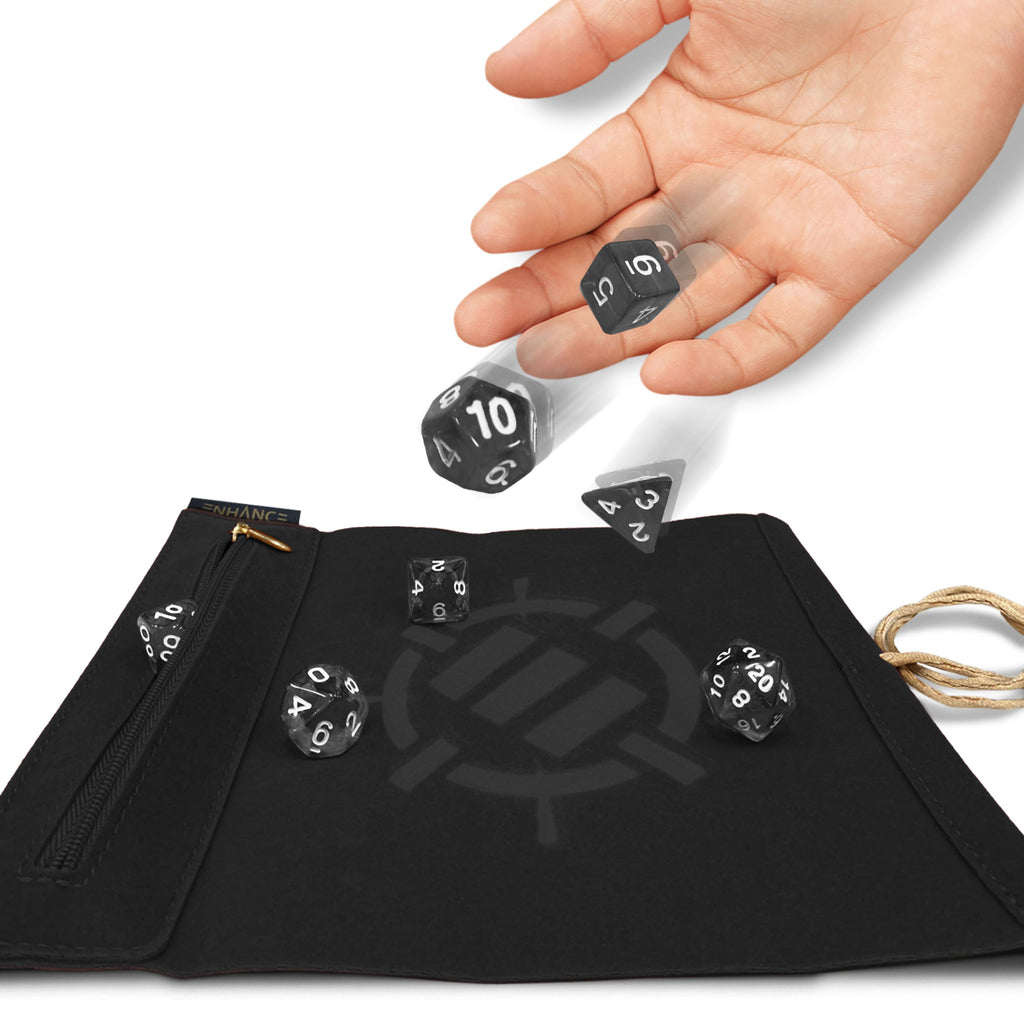 ENHANCE - Roll on a Scroll Dice Case and 7pc Acrylic Dice Set: Black