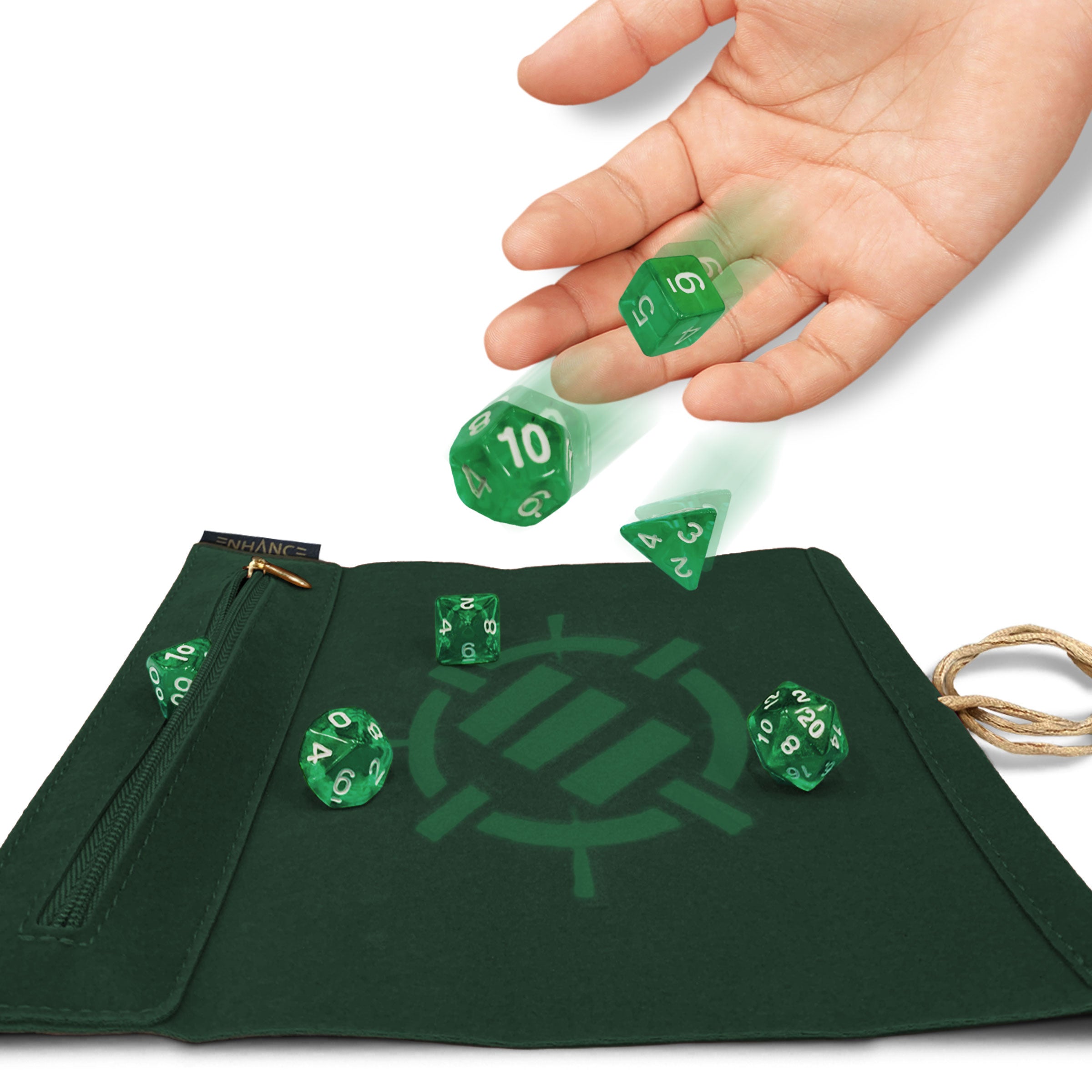 ENHANCE - Roll on a Scroll Dice Case and 7pc Acrylic Dice Set: Green