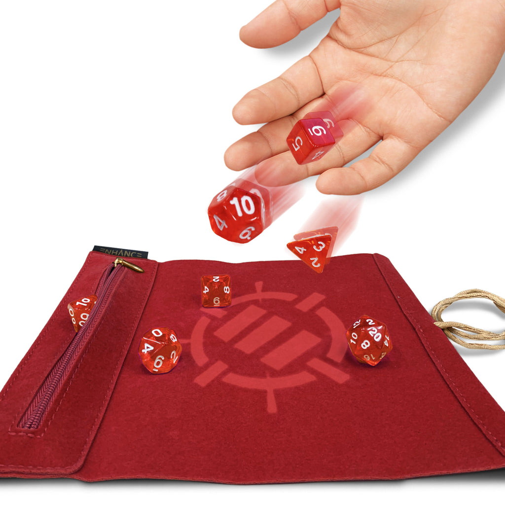 ENHANCE - Roll on a Scroll Dice Case and 7pc Acrylic Dice Set: Red