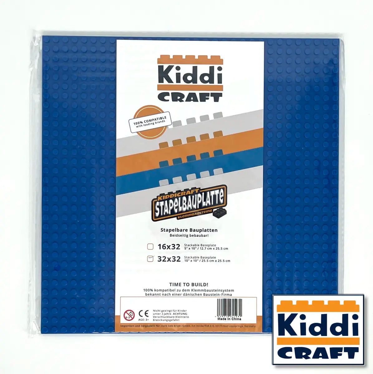 Kiddicraft - Stackable Baseplate 32 x 32 Noppen (25,5 x 25,5cm) - Blau