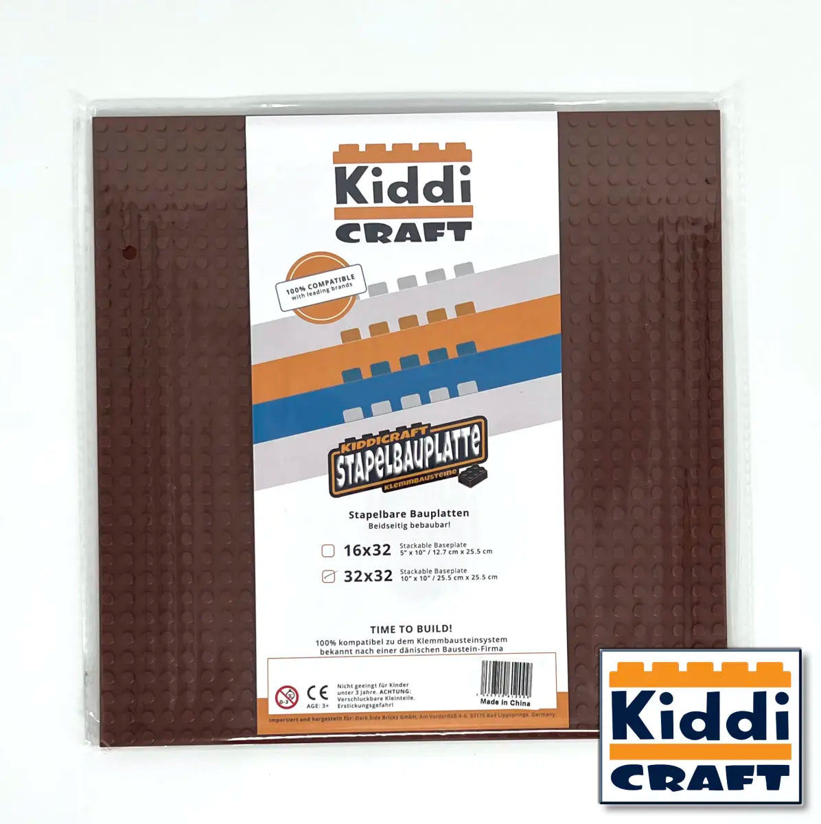 Kiddicraft - Stackable Baseplate 32 x 32 Noppen (25,5 x 25,5cm) - Braun