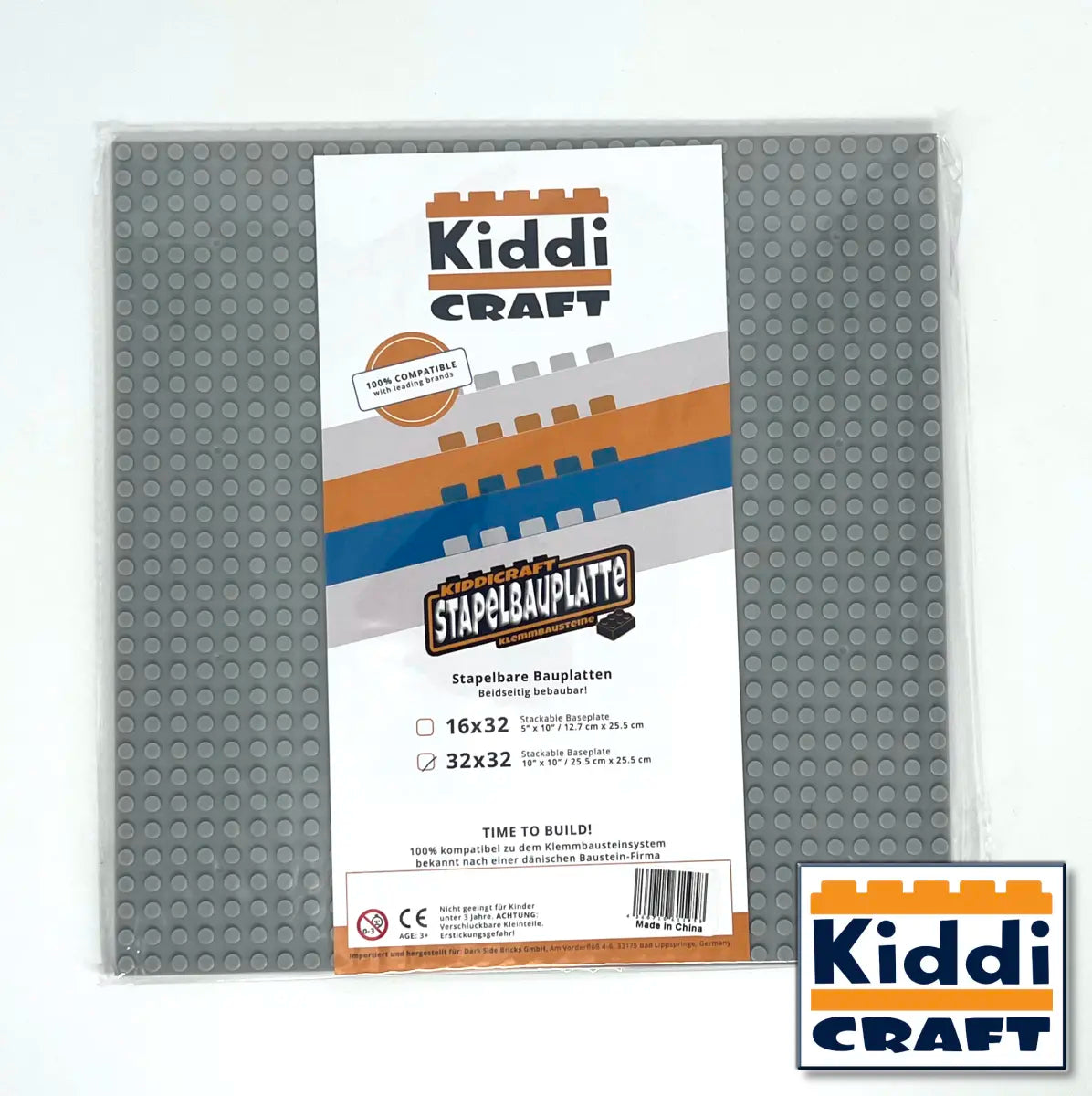 Kiddicraft - Stackable Baseplate 32 x 32 Noppen (25,5 x 25,5cm) - Hellgrau