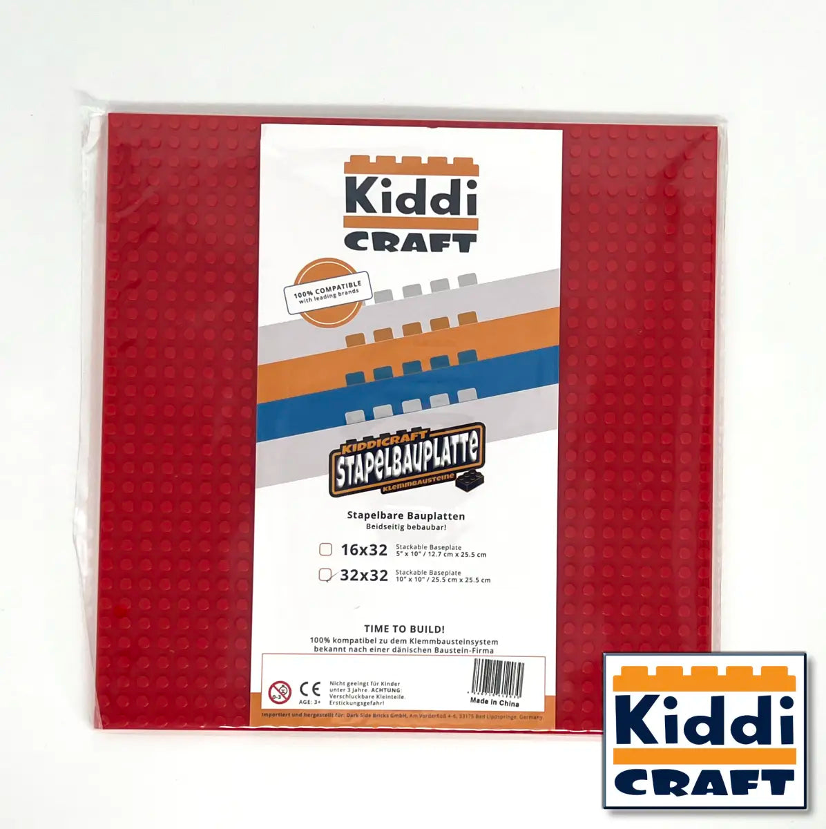 Kiddicraft - Stackable Baseplate 32 x 32 Noppen (25,5 x 25,5cm) - Rot