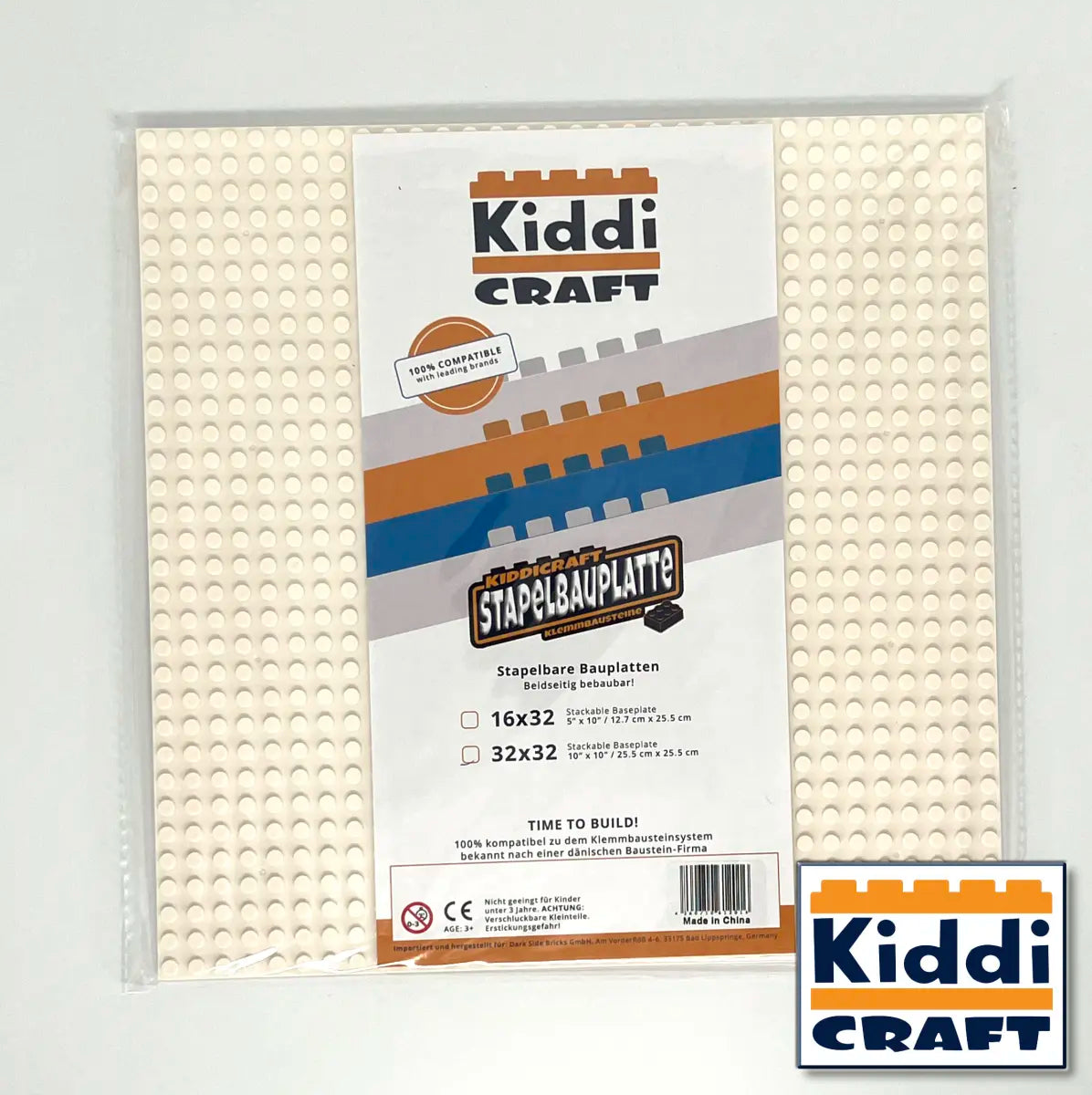 Kiddicraft - Stackable Baseplate 32 x 32 Noppen (25,5 x 25,5cm) - Weiß